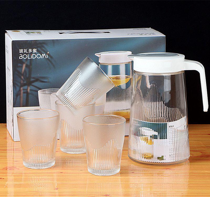 🪻PROMOTION 🪻Heat Resistant Glass Cold Water Kettle And Cups Transparent Stripe Coffee Tea ware Stainless Steel Lid Jug Kitchen Accessory 1.3ltr jug
