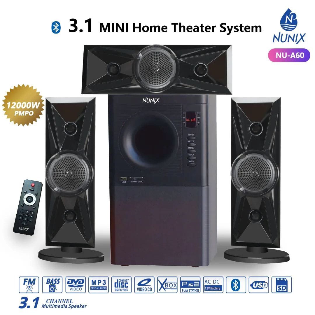 🍆  Super Bass surround🍆  Nunix 3.1 Mini Home Theater System NU-A60 And A Remote Control.High tech Multimedia
Aux/FM ready
USB Support
12000W
Bluetooth
USB/SD/FM 3.1CH Digital Radio