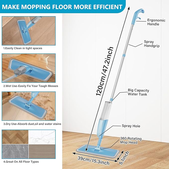Spray Mop for Floor Cleaning, Microfiber Floor Mop with  Refillable Bottle and  Reusable Washable Pads Dry Wet Spray Mop for Home Kitchen Hardwood Laminate Wood Vinyl Ceramic Tiles Floor