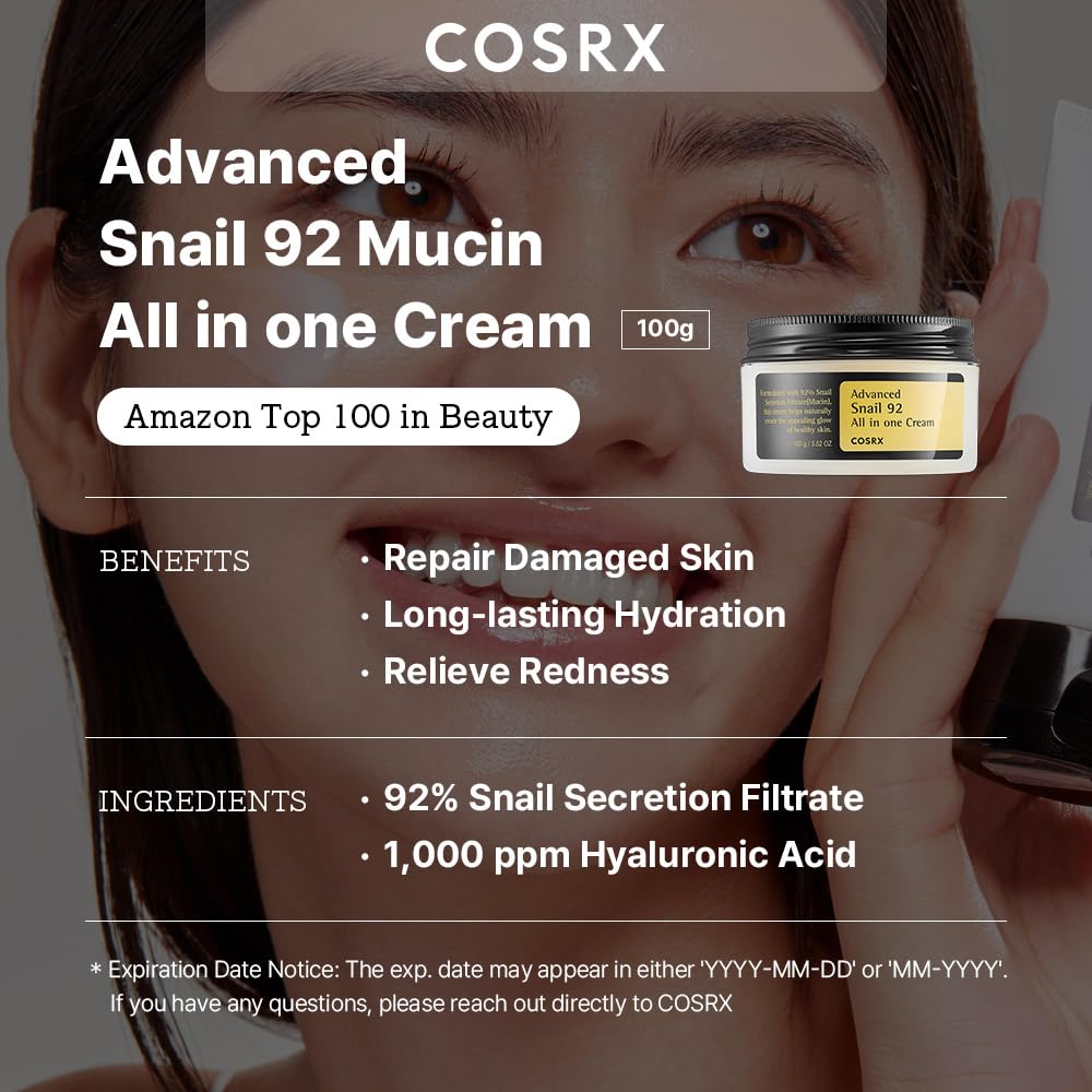 COSRX Snail Mucin 92% Repair Cream, Daily Face Gel Moisturizer for Dry Skin, Acne-prone, Sensitive Skin, Not Tested on Animals, No Parabens, Korean Skincare (3.52 Fl Oz