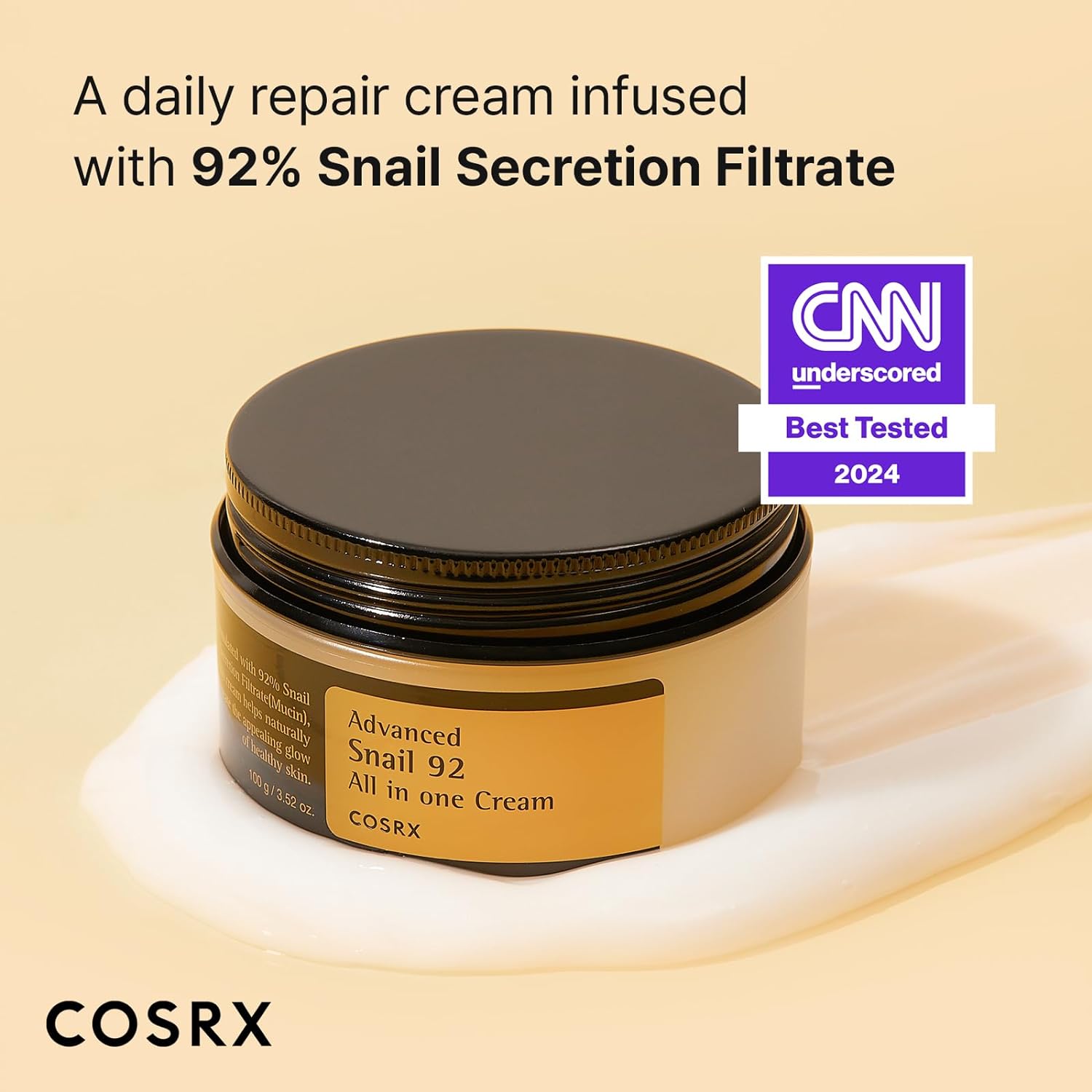 COSRX Snail Mucin 92% Repair Cream, Daily Face Gel Moisturizer for Dry Skin, Acne-prone, Sensitive Skin, Not Tested on Animals, No Parabens, Korean Skincare (3.52 Fl Oz