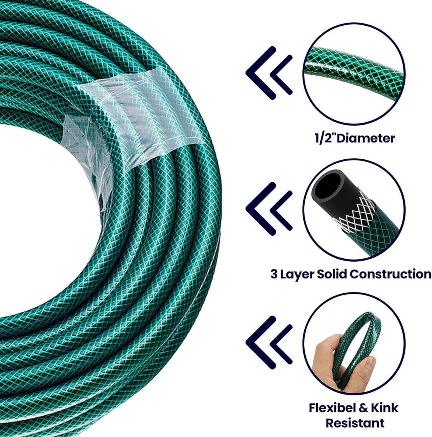 50mtr Garden Hose Pipe Reel Reinforced Outdoor HOSEPIPE Green (1/2 inch) Diameter Tough 3 Layer PVC Braided Pattern Heavy Duty Lawn Garden
