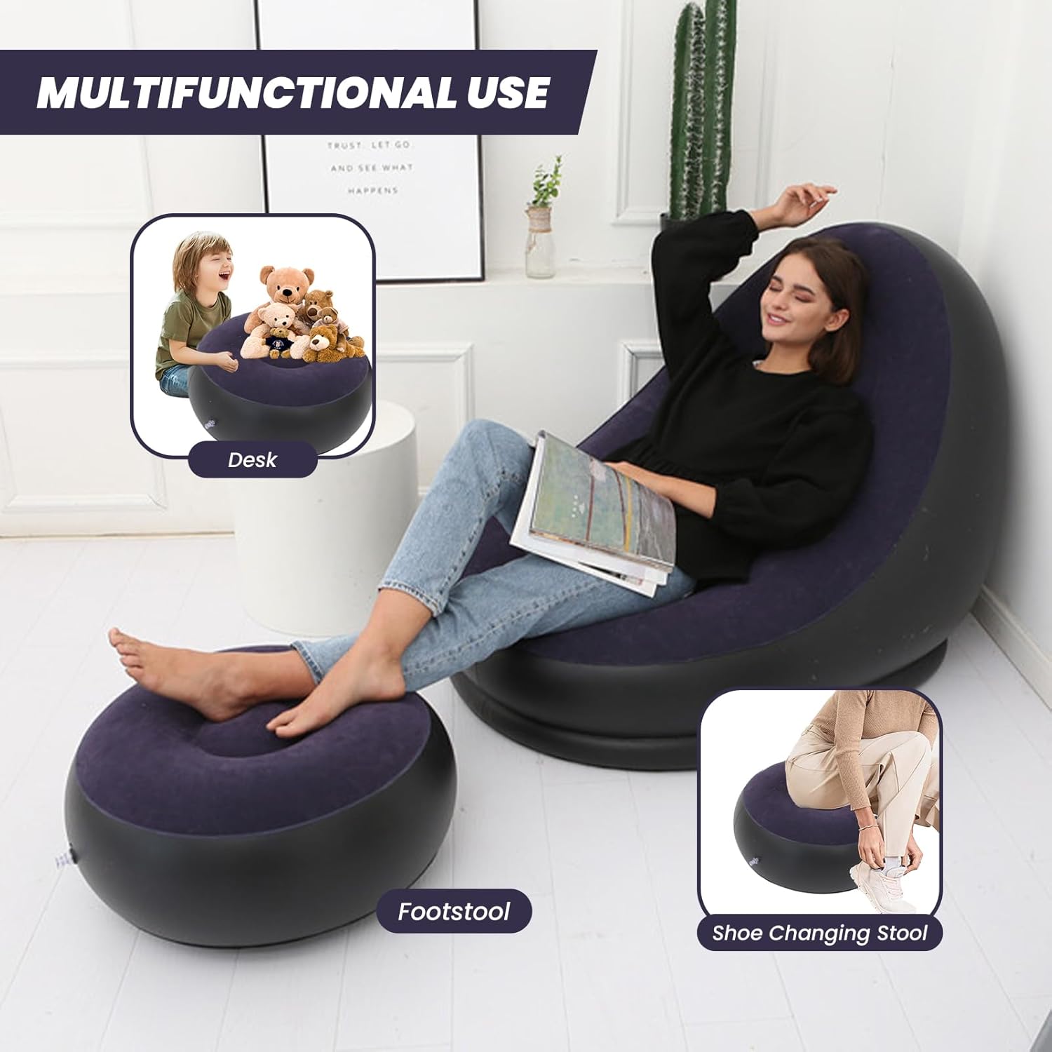 Inflatable Chair Blow Up Chair Air Chaise Lounge Inflatable Lounge with Ottoman for Camping Gaming Lunch Break Garden Party Enjoy Sunbathing COMES WITH ELECTRIC PUMP