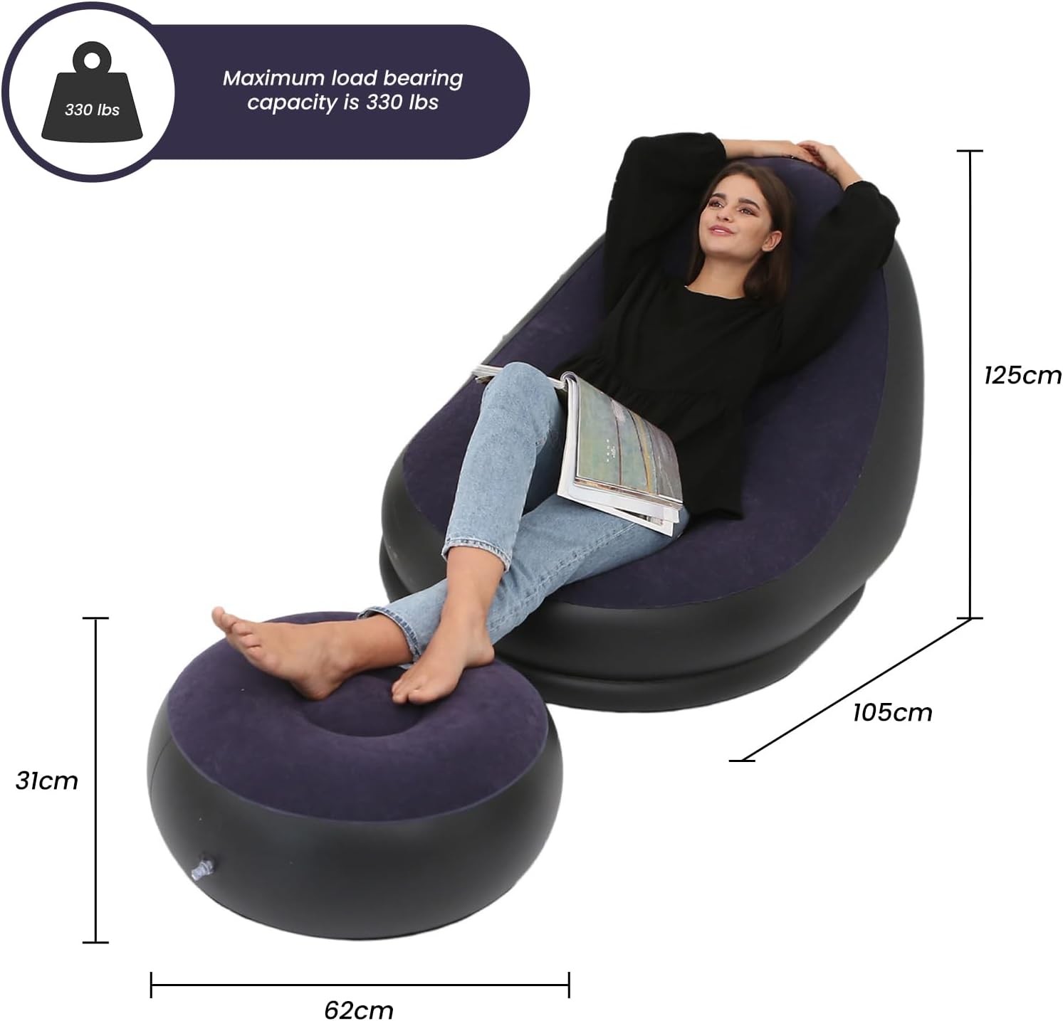 Inflatable Chair Blow Up Chair Air Chaise Lounge Inflatable Lounge with Ottoman for Camping Gaming Lunch Break Garden Party Enjoy Sunbathing COMES WITH ELECTRIC PUMP