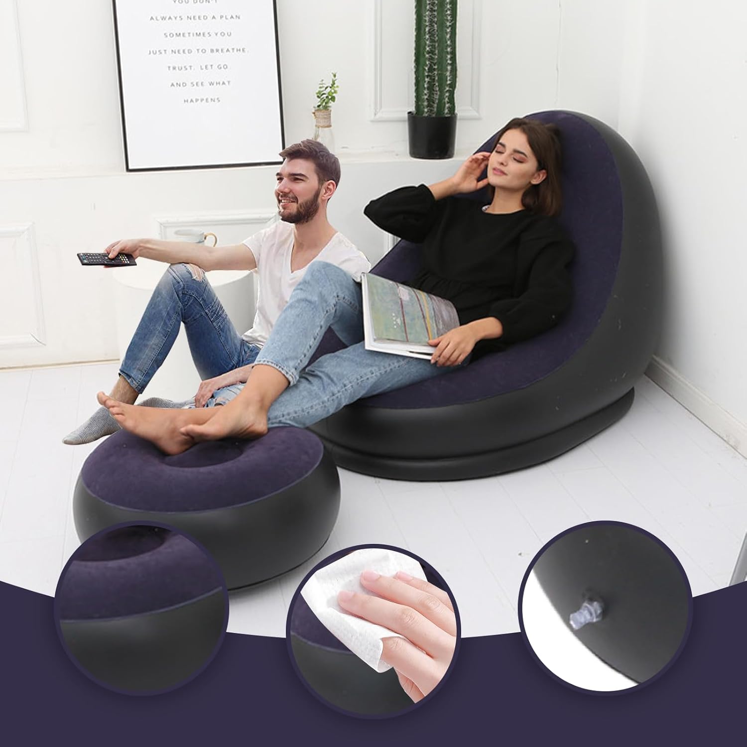 Inflatable Chair Blow Up Chair Air Chaise Lounge Inflatable Lounge with Ottoman for Camping Gaming Lunch Break Garden Party Enjoy Sunbathing COMES WITH ELECTRIC PUMP