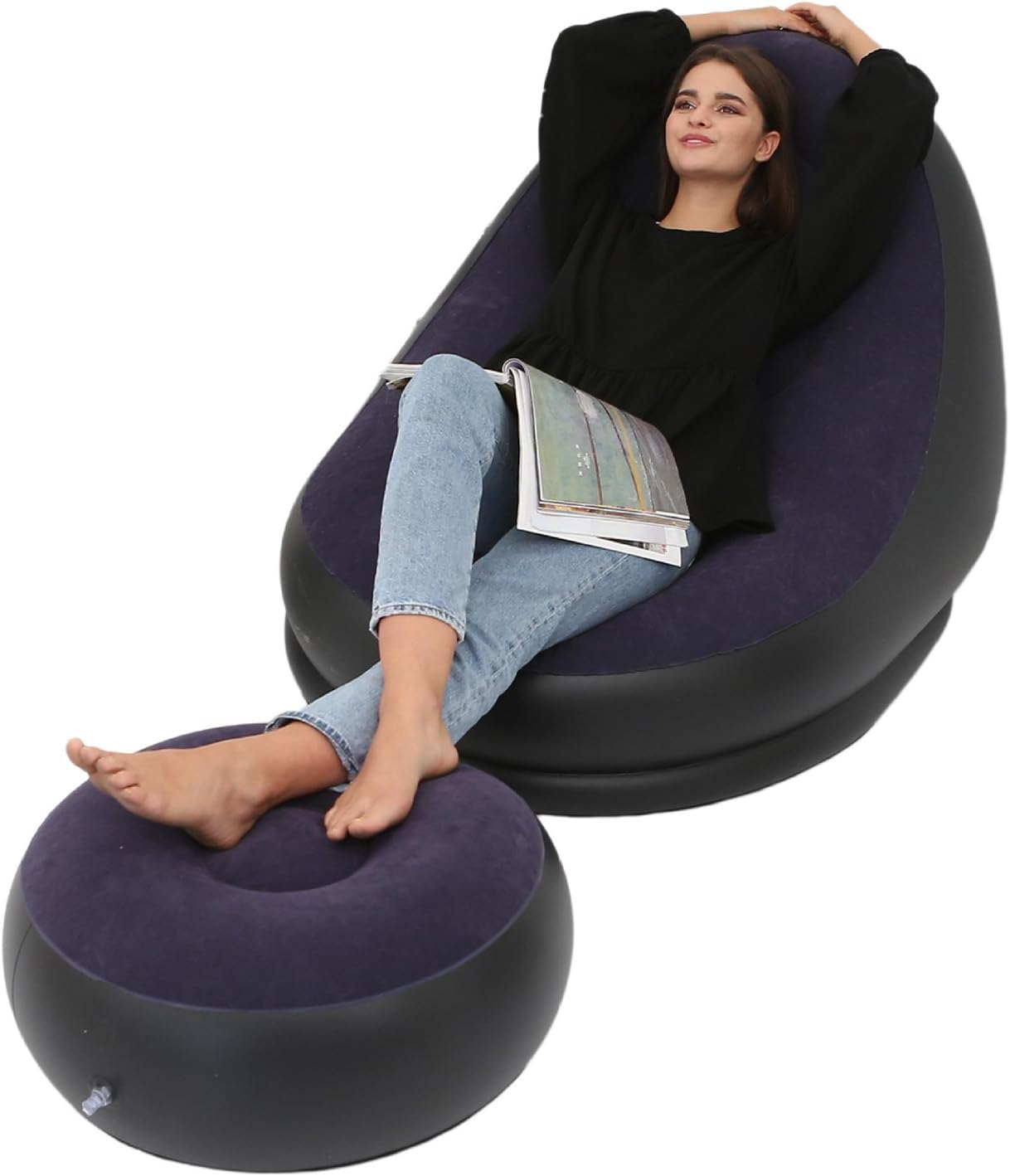 Inflatable Chair Blow Up Chair Air Chaise Lounge Inflatable Lounge with Ottoman for Camping Gaming Lunch Break Garden Party Enjoy Sunbathing COMES WITH ELECTRIC PUMP