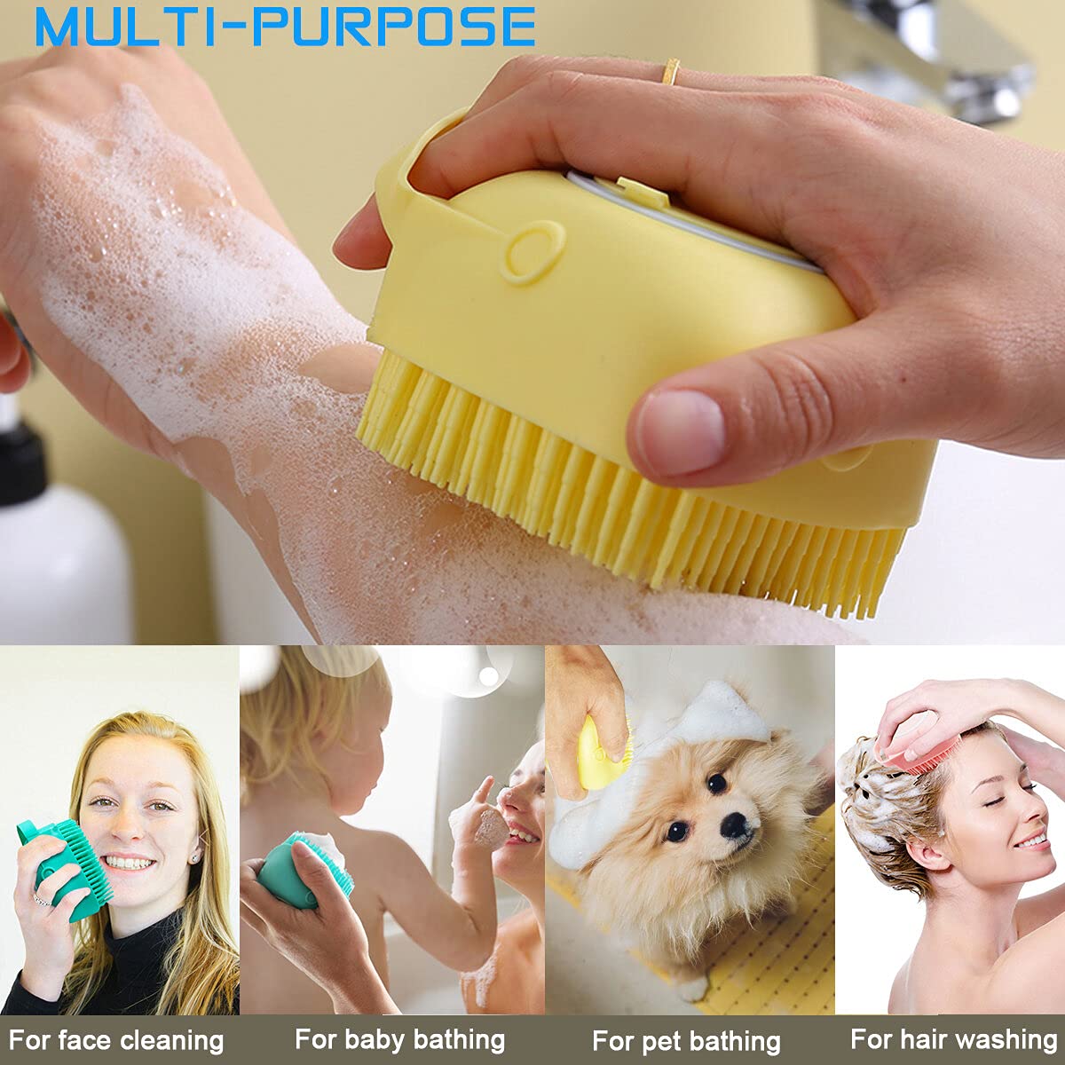 Scrubber for Bath, Pet Grooming Bath Massage Brush with Soap Dispenser for Shower, Silicone Exfoliating Brushes, Soft Body Exfoliator, Bath Loofah for Babies, Kids, Women, Men and Pets