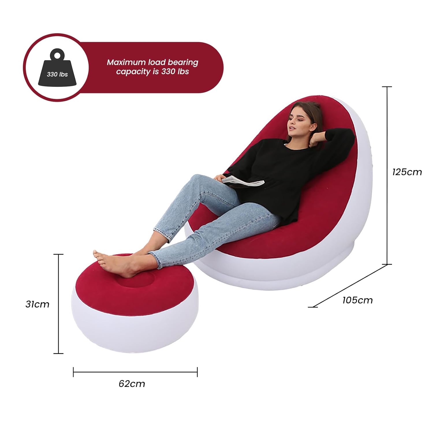 Inflatable Chair Blow Up Chair Air Chaise Lounge Inflatable Lounge with Ottoman for Camping Gaming Lunch Break Garden Party Enjoy Sunbathing COMES WITH ELECTRIC PUMP