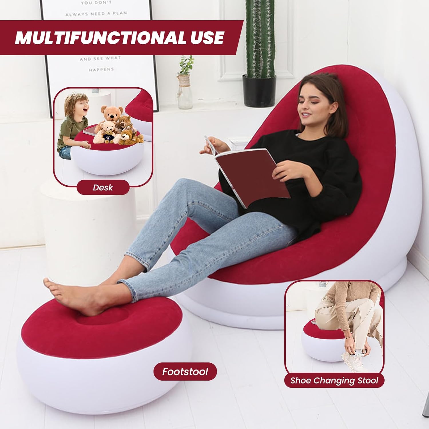 Inflatable Chair Blow Up Chair Air Chaise Lounge Inflatable Lounge with Ottoman for Camping Gaming Lunch Break Garden Party Enjoy Sunbathing COMES WITH ELECTRIC PUMP