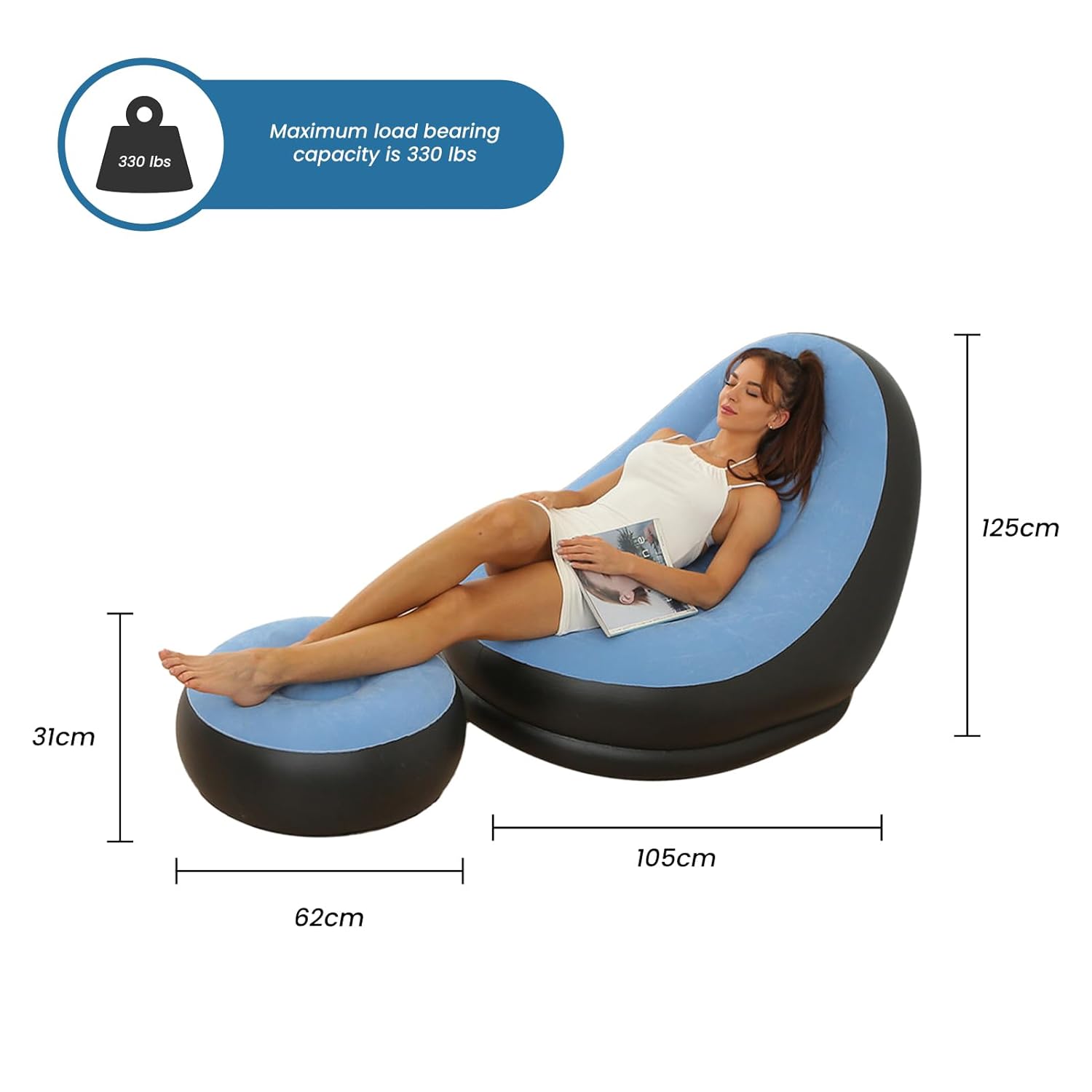 Inflatable Chair Blow Up Chair Air Chaise Lounge Inflatable Lounge with Ottoman for Camping Gaming Lunch Break Garden Party Enjoy Sunbathing COMES WITH ELECTRIC PUMP