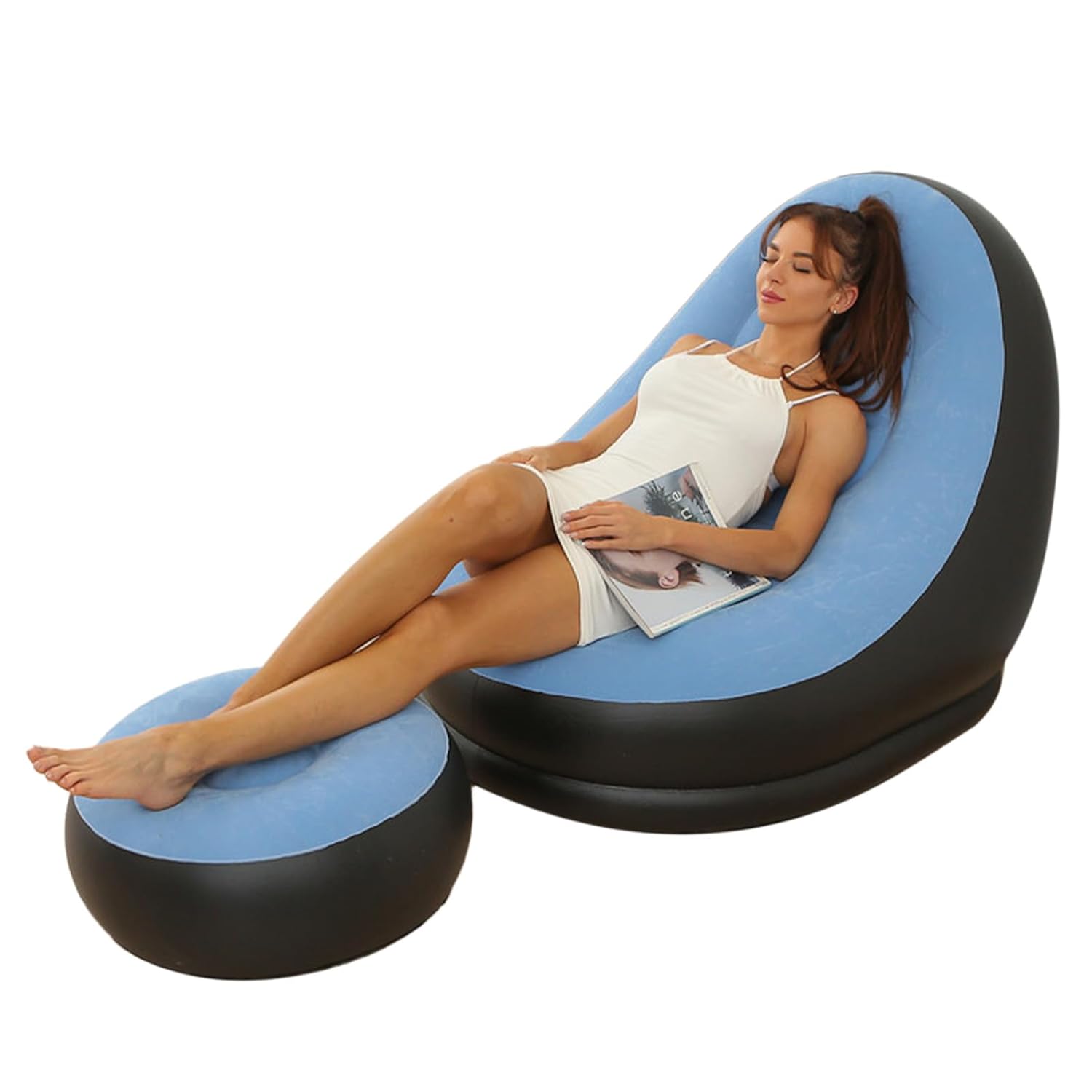 Inflatable Chair Blow Up Chair Air Chaise Lounge Inflatable Lounge with Ottoman for Camping Gaming Lunch Break Garden Party Enjoy Sunbathing COMES WITH ELECTRIC PUMP