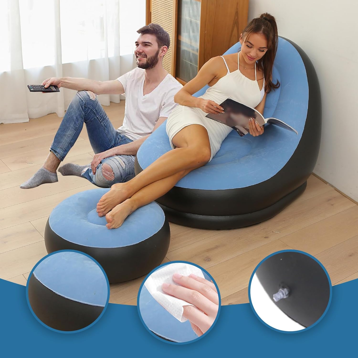 Inflatable Chair Blow Up Chair Air Chaise Lounge Inflatable Lounge with Ottoman for Camping Gaming Lunch Break Garden Party Enjoy Sunbathing COMES WITH ELECTRIC PUMP