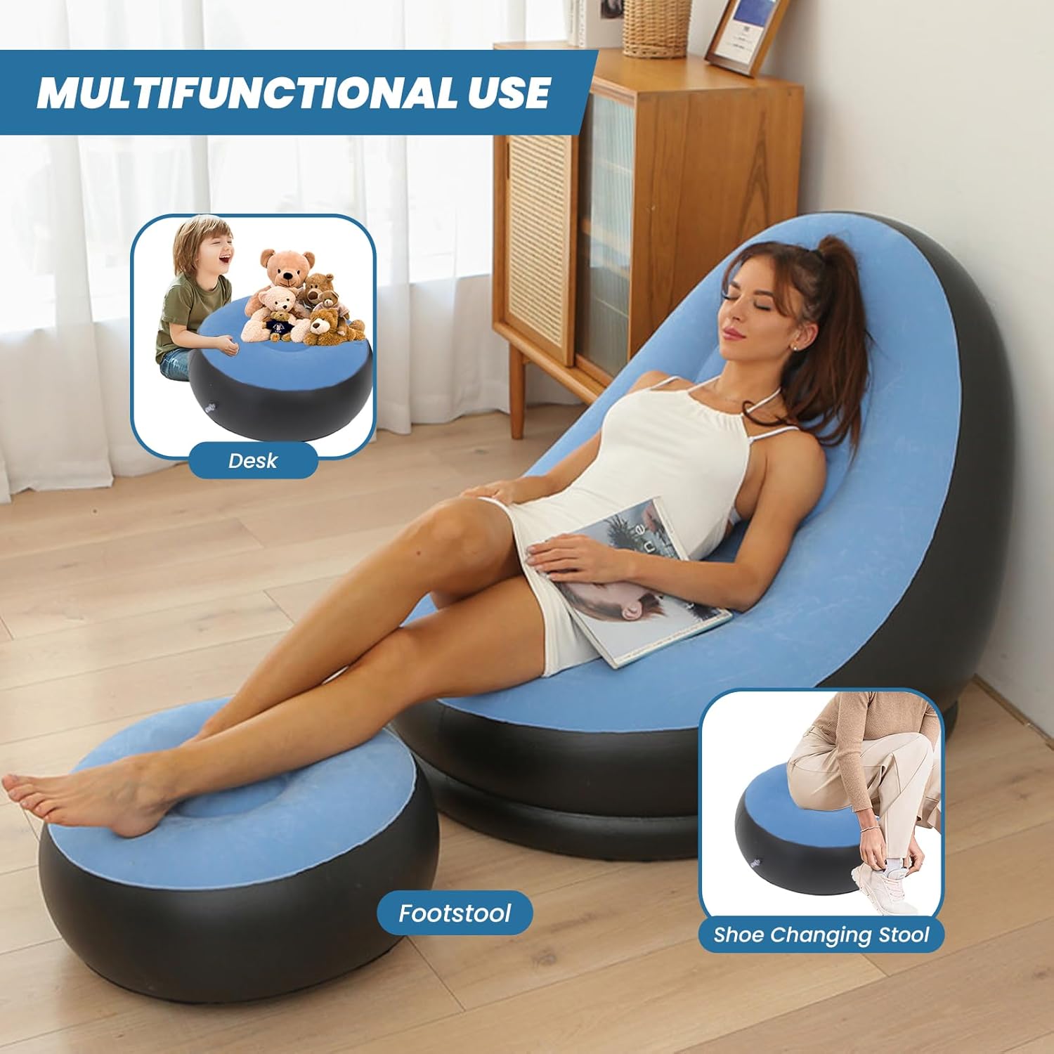 Inflatable Chair Blow Up Chair Air Chaise Lounge Inflatable Lounge with Ottoman for Camping Gaming Lunch Break Garden Party Enjoy Sunbathing COMES WITH ELECTRIC PUMP