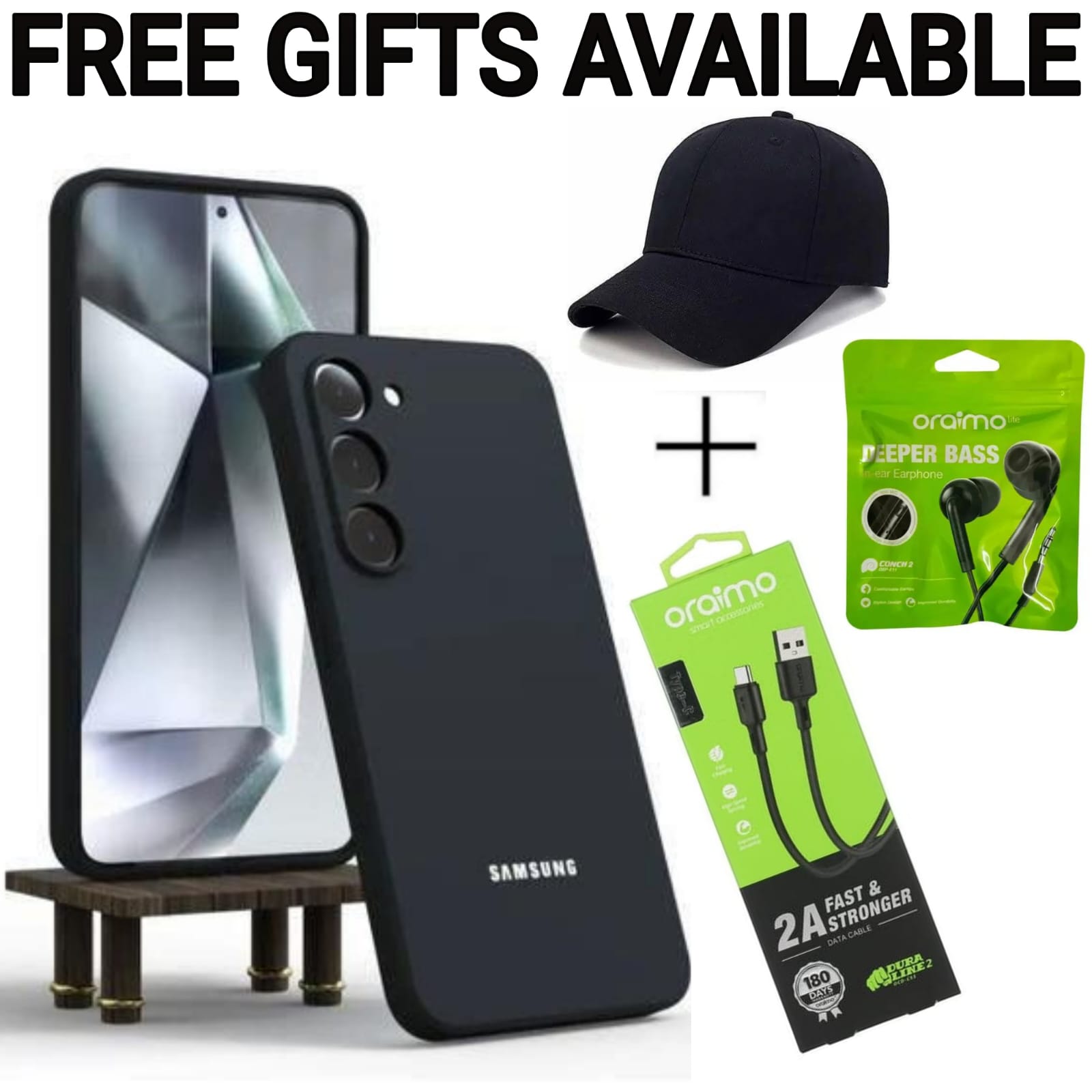 Samsung Galaxy A16 Black Original Silicone Unique Phone Case/ Cover+Free Earphones+Oraimo Type C Charger Cable Fast Charging+Free Fashion Adjustable Black Baseball Cap.
