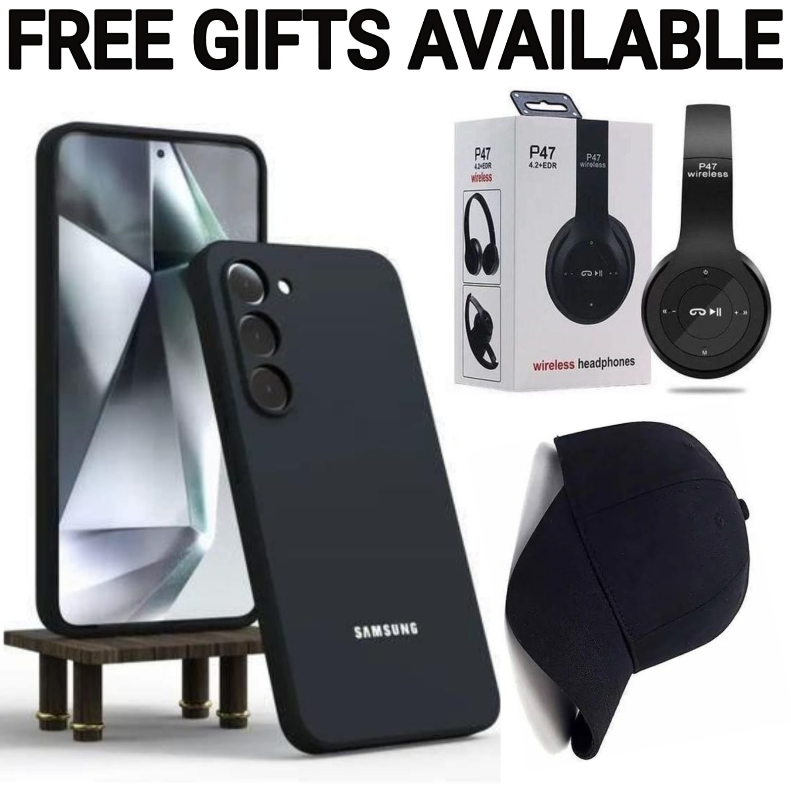 Samsung Galaxy A16 Black Original Silicone Unique Phone Case/ Cover+Free P47 Black Wireless Bluetooth Headphone With Mem Card Slot+Free Fashion Adjustable Black Baseball Cap.