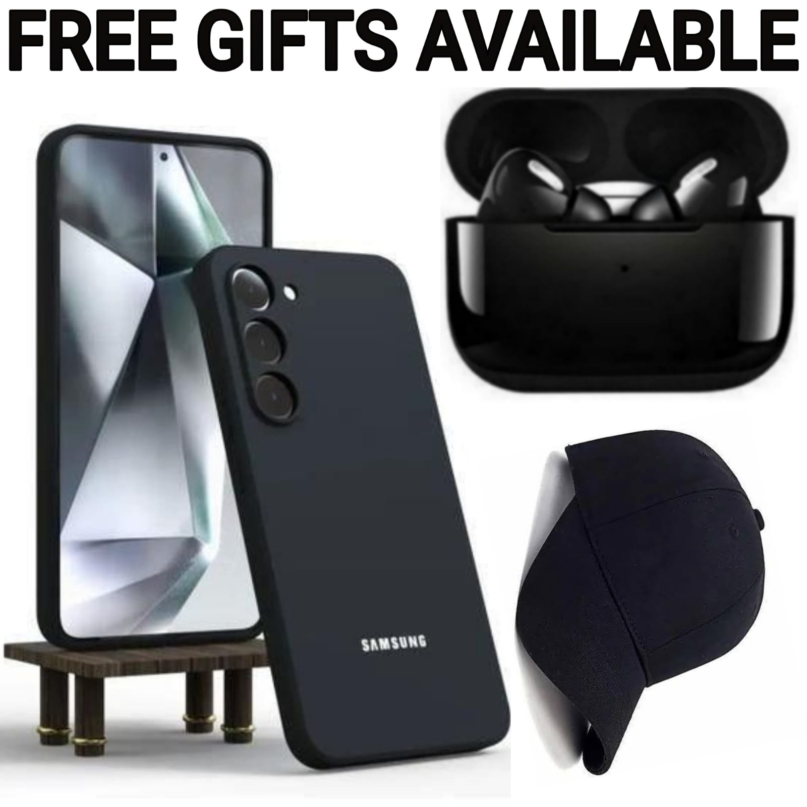 Samsung Galaxy A16 Black Original Silicone Unique Phone Case/ Cover+Free Air Pro3 Pods+Free Fashion Adjustable Black Baseball Cap.