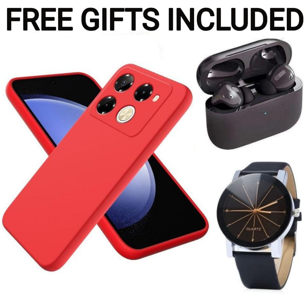 SUPER DEALS Soft Silicone Phone Case Prevention Protective Case,Back Cover for Infinix Smart 9, Smart 9 HD, Hot 50i, Note 40 Pro, Hot 40 Pro, Hot 50 Pro Plus + FREE Pro3 Earbuds + FREE Watch