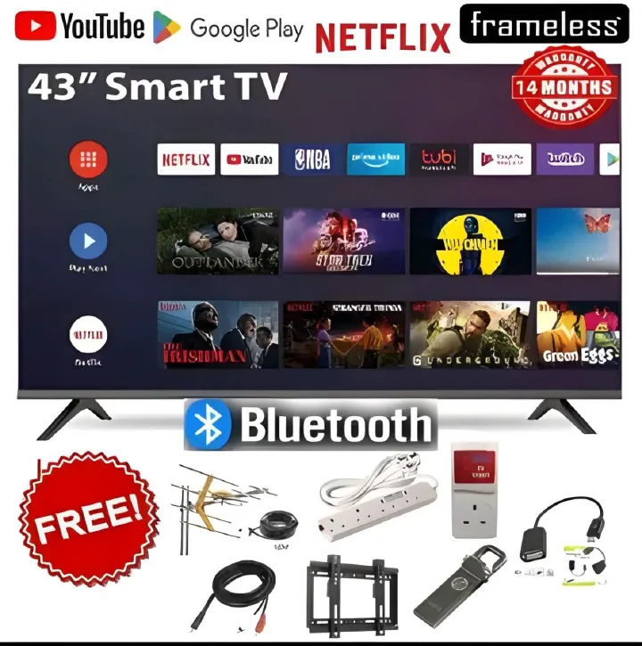 🎁 8 FREE Gifts Included – 43-Inch Vitron Smart LED TV – HD Display, Dolby Audio, Bluetooth, Netflix, YouTube, Google Play, Frameless Design 📺✨
