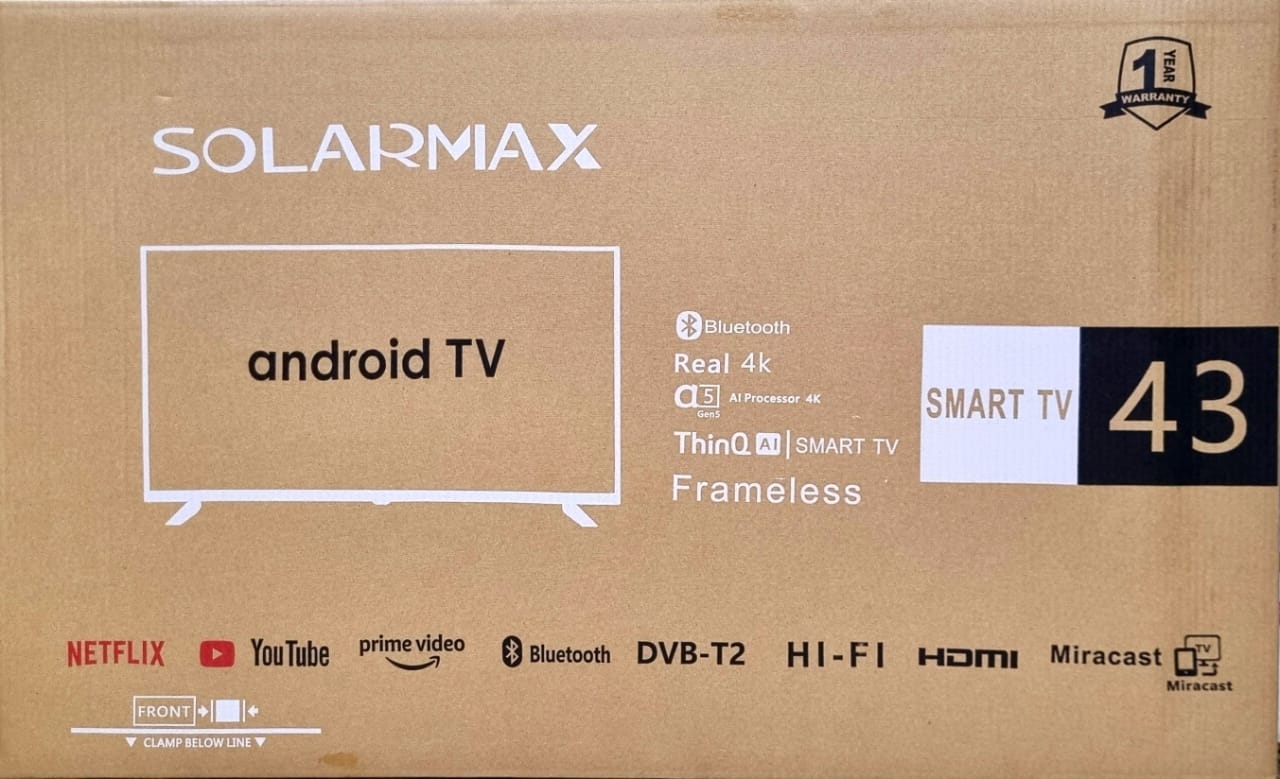 🎁 Solarmax 43" Smart TV – Bluetooth Connectivity, Tempered Glass Design, HD Display, and 1-Year Warranty 🎁