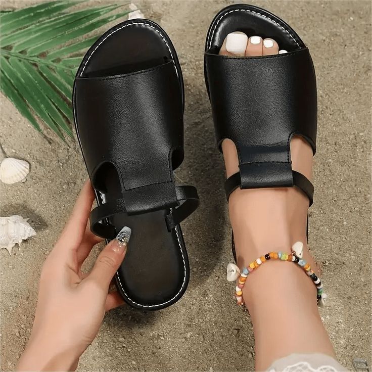 Ladies comfort slides leather sandals for beach can be worn with dress , trousers or shorts on the beach, or streets for strolling or at work affordable cute elegant stylish