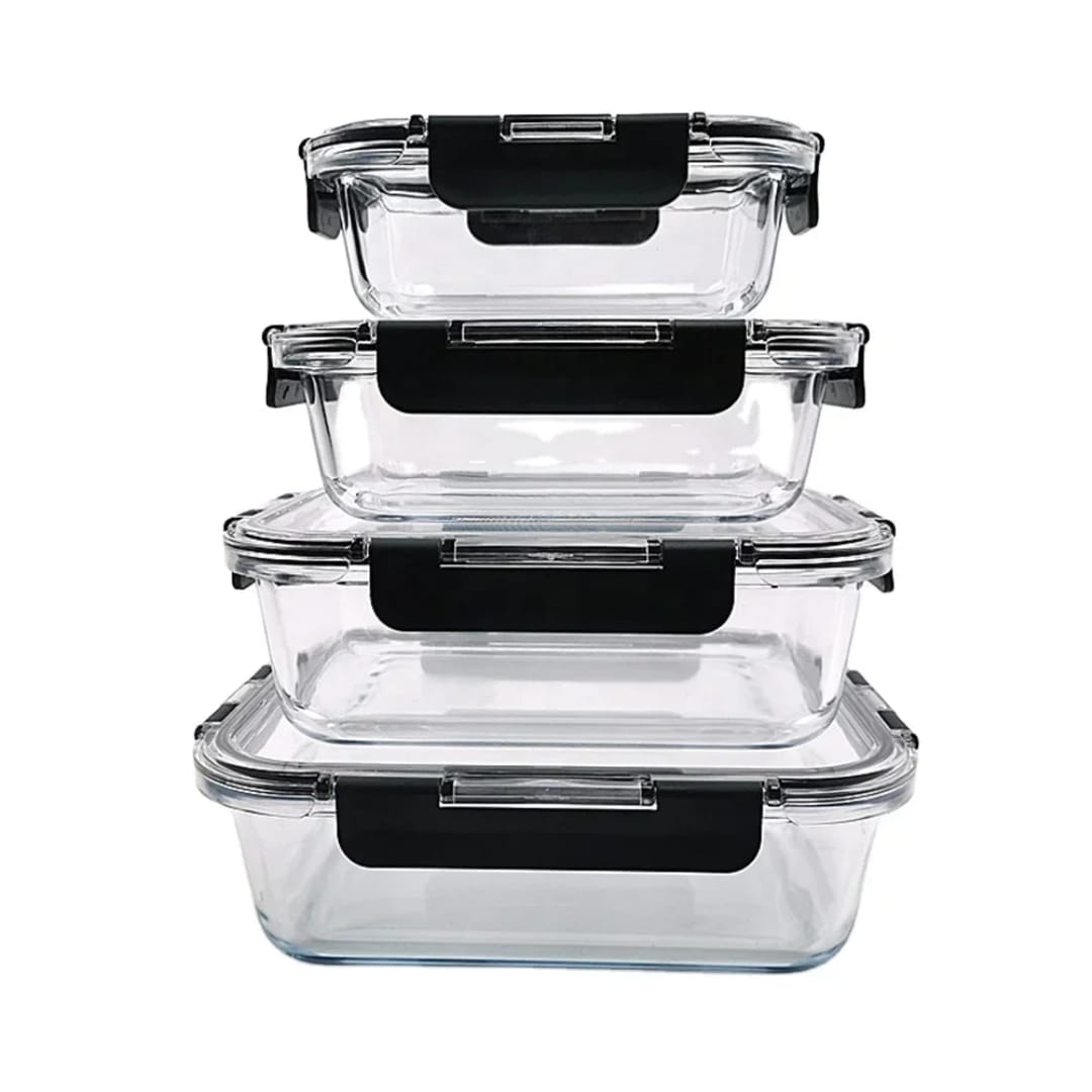 SET OF 4 PCS Glass Storage Containers – Signature Collection | Airtight, Leak-Proof Food Containers | Microwave, Oven & Freezer Safe