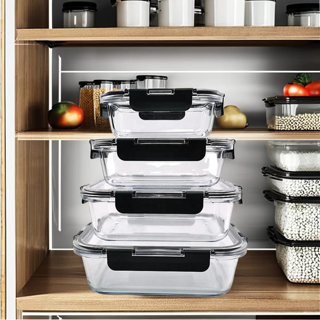 SET OF 4 PCS Glass Storage Containers – Signature Collection | Airtight, Leak-Proof Food Containers | Microwave, Oven & Freezer Safe