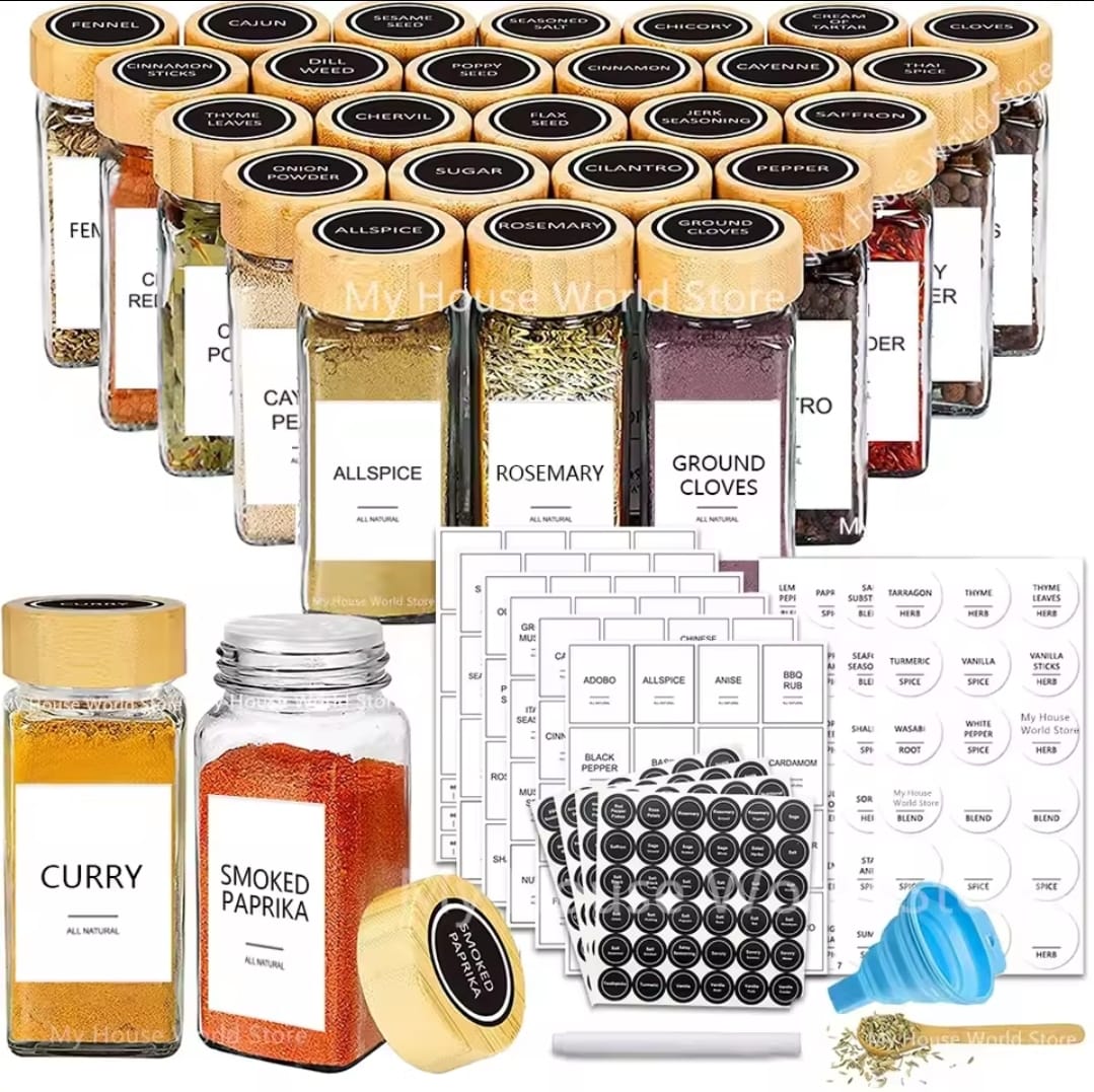 29pcs SET GLASS STORAGE SPICE  JARS WITH BAMBOO LID

▪︎ Comes with 24 jars each 120ML,  funnel, pen, 24stickers, and washing brush
▪︎ Adjustable hole position to meet your different needs
▪︎ Sealed an