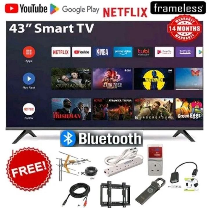 BLUETOOTH GLD 43" INCH FRAMELESS FULL- HD SMART TV ANDROID TV NETFLIX ,YOUTUBE TELEVISION INBUILT DECODER , BUILT-IN WIFI, APP STORE 1GB-RAM 8GB-ROM 2*USB PORTS ,3 *HDMI +FREE 4 GIFTS