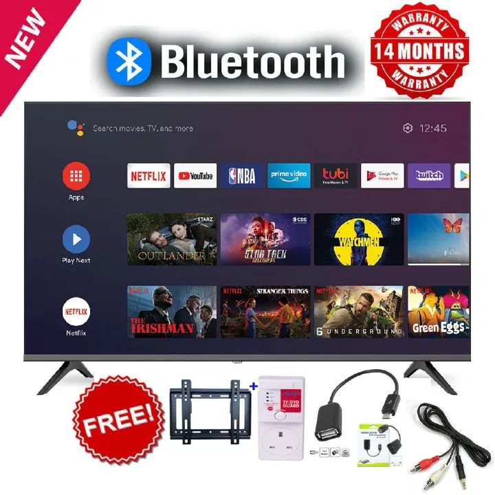 BLUETOOTH GLD 43" INCH FRAMELESS FULL- HD SMART TV ANDROID TV NETFLIX ,YOUTUBE TELEVISION INBUILT DECODER , BUILT-IN WIFI, APP STORE 1GB-RAM 8GB-ROM 2*USB PORTS ,3 *HDMI +FREE 4 GIFTS