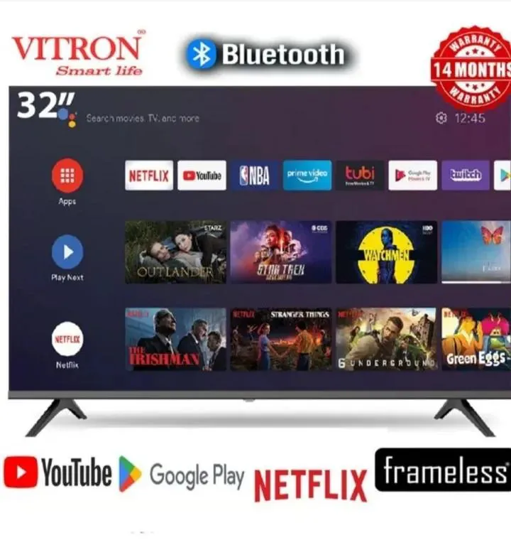 Vitron HTC3200S,BLUETOOTH TV FRAMELESS 32 Inch Television Smart TV Android 11.0 TV Inbuilt Decoder 3*HDMI Ports,2*USB ports,1GB RAM 8GB ROM,Netflix,Youtube, Appstore Inbuilt Decoder 14 Months Warranty