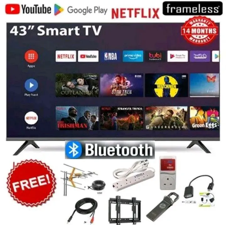 VITRON HTC4388FS 43" Inch BLUETOOTH FRAMELESS SMART TV Android FULL HD TELEVISION,HAS INBUILT DECODER 1GB-RAM,8GB-ROM,Netflix, Youtube APP STORE 43 INCHES TELEVISION+ 7 FREE GIFTS