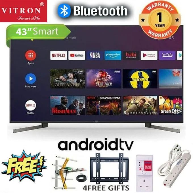 VITRON HTC 4388FS 43" INCH BLUETOOTH FRAMELESS FHD SMART ANDROID TV Inbuilt Decoder NETFLIX YOUTUBE APP STORE 1GBRAM 8GBROM 3*HDMI Ports 2*USB Ports + 4 FREE GIFTS