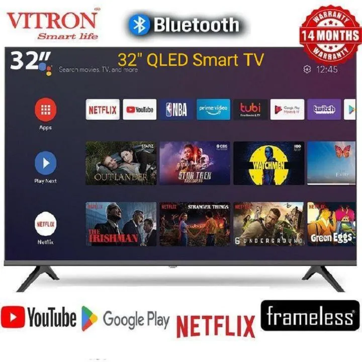VITRON 32" INCH QLED TV HTC3288QS ,BLUETOOTH Enabled FRAMELESS Smart Android 14.0 TV Inbuilt Decoder ELECTRONICS 3*HDMI Ports,2*USB Ports,Netflix,Youtube ,Appstore 14 MONTHS WARRANTY+6 FREE GIFTS