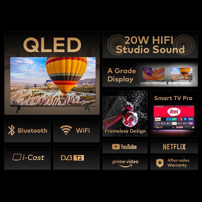 itel TV 32 inches QLED Smart TV, Frameless, Bluetooth, Android14, Wifi, Digital, Netflix, YouTube, Prime, 32" television (1 year warranty SMART TV + 6 FREE GIFTS