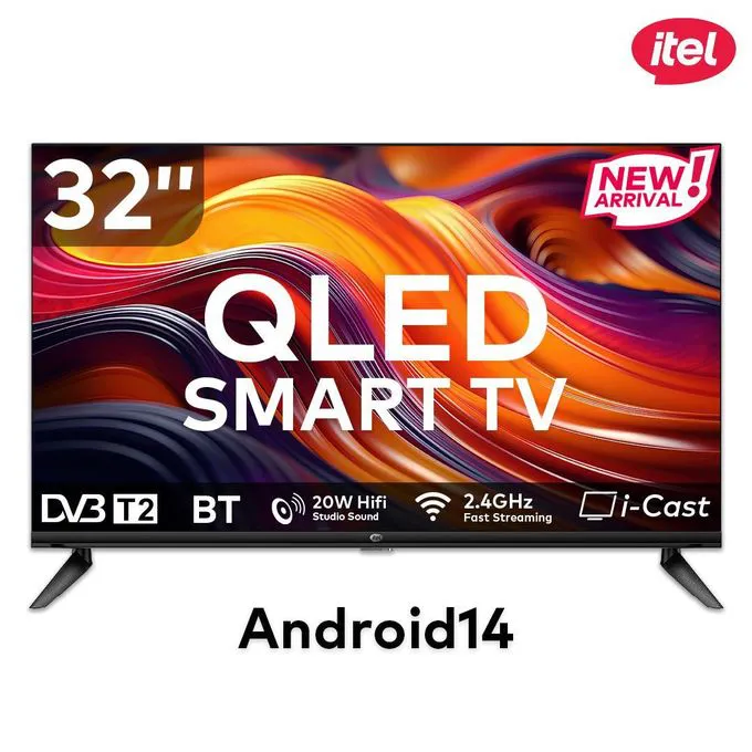 itel TV 32 inches QLED Smart TV, Frameless, Bluetooth, Android14, Wifi, Digital, Netflix, YouTube, Prime, 32" television (1 year warranty SMART TV + 6 FREE GIFTS