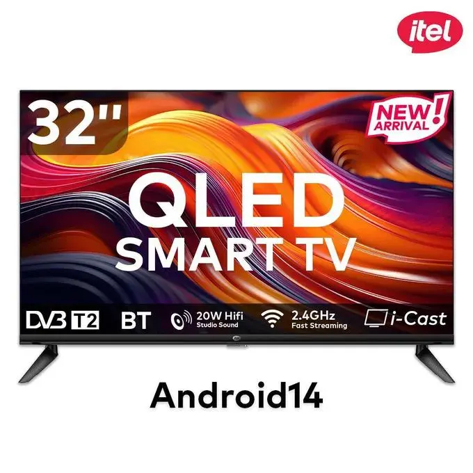 Itel TV 32 inches QLED Smart TV L Series, Frameless, Bluetooth, Android14, Wifi, Digital, Netflix, YouTube, Prime, with 2.4Ghz Fast streaming DVBT2 WITH i-Cast 32" television (1 year warranty SMART TV