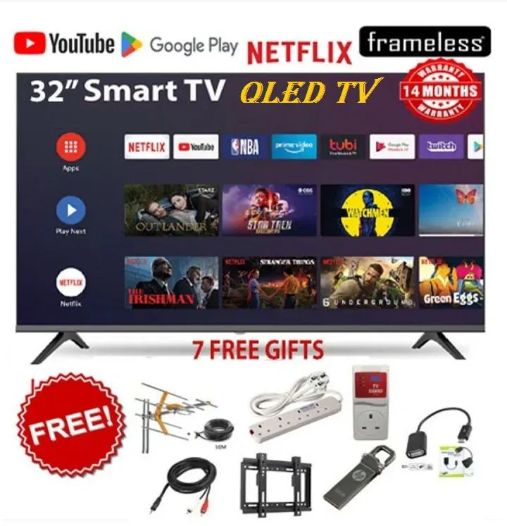 itel TV 32 inches QLED Smart TV, Frameless, Bluetooth, Android14, Wifi, Digital, Netflix, YouTube, Prime, 32" television (1 year warranty SMART TV +7gifts