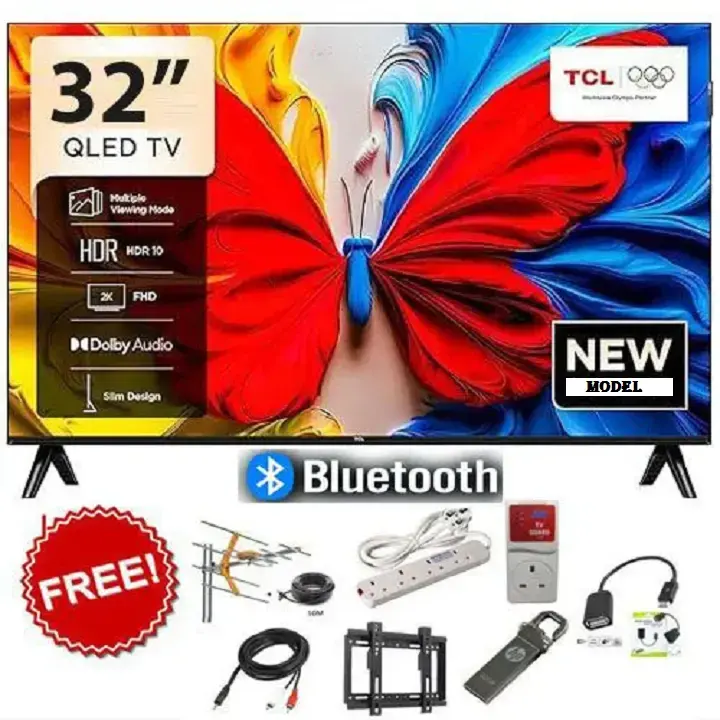 TCL 32 inch QLED TV Bluetooth FRAMELESS FULL HD SMART ANDROID GOOGLE TV,HDR10, Inbuilt Decoder Bluetooth Netflix,Youtube,ChromeCast Built-in Google Appstore DOLBY AUDIO + 7 FREE GIFTS FOR YOU