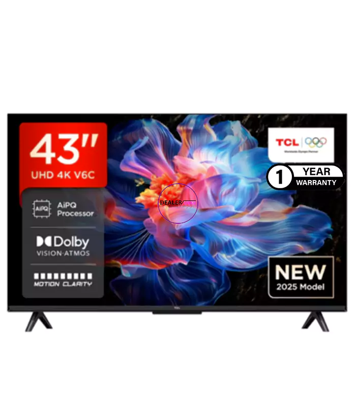 TCL edgeless design smart tv 43 Inch 4K HDR 43V6C 4k AiPQ Processor Android Tv Dolby Vision and Atmos Google Meet google tv Automatic Low Latency Mode smooth console gaming simultaneous sound