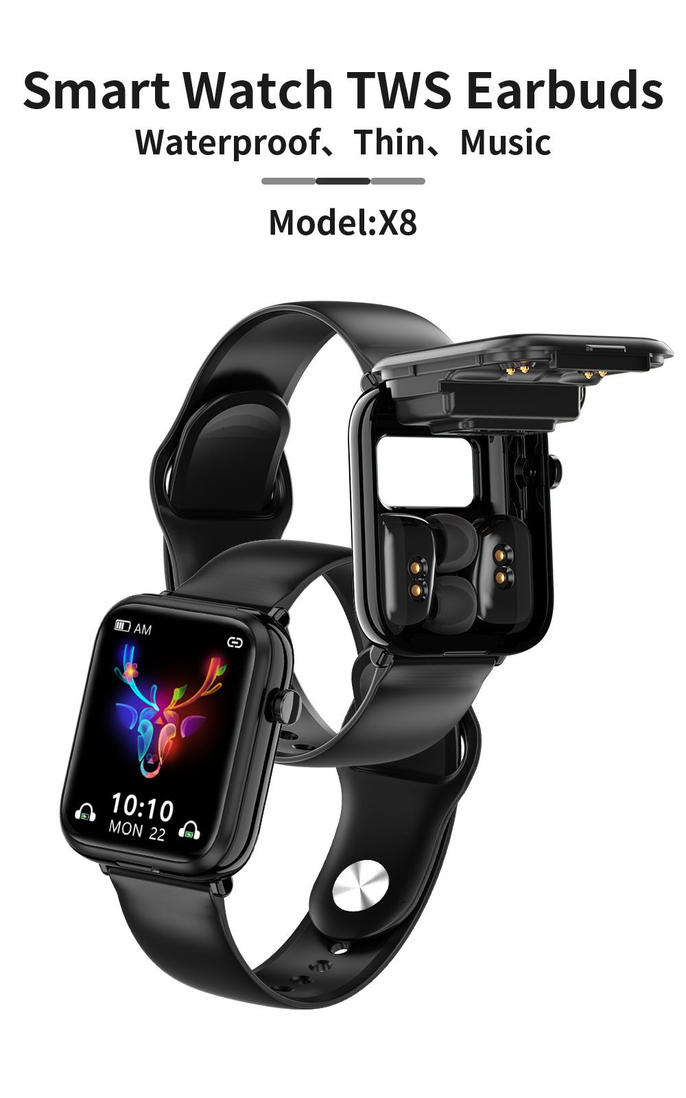 New Men's Smart Watch With Earbuds X8S Sports Fitness Smartwatches Bluetooth Call Square Touch Control Woman Smart Watch TWS in-ear Wireless Earphone 2-in-1 Heart Rate Monitor Fitness Smartwatch