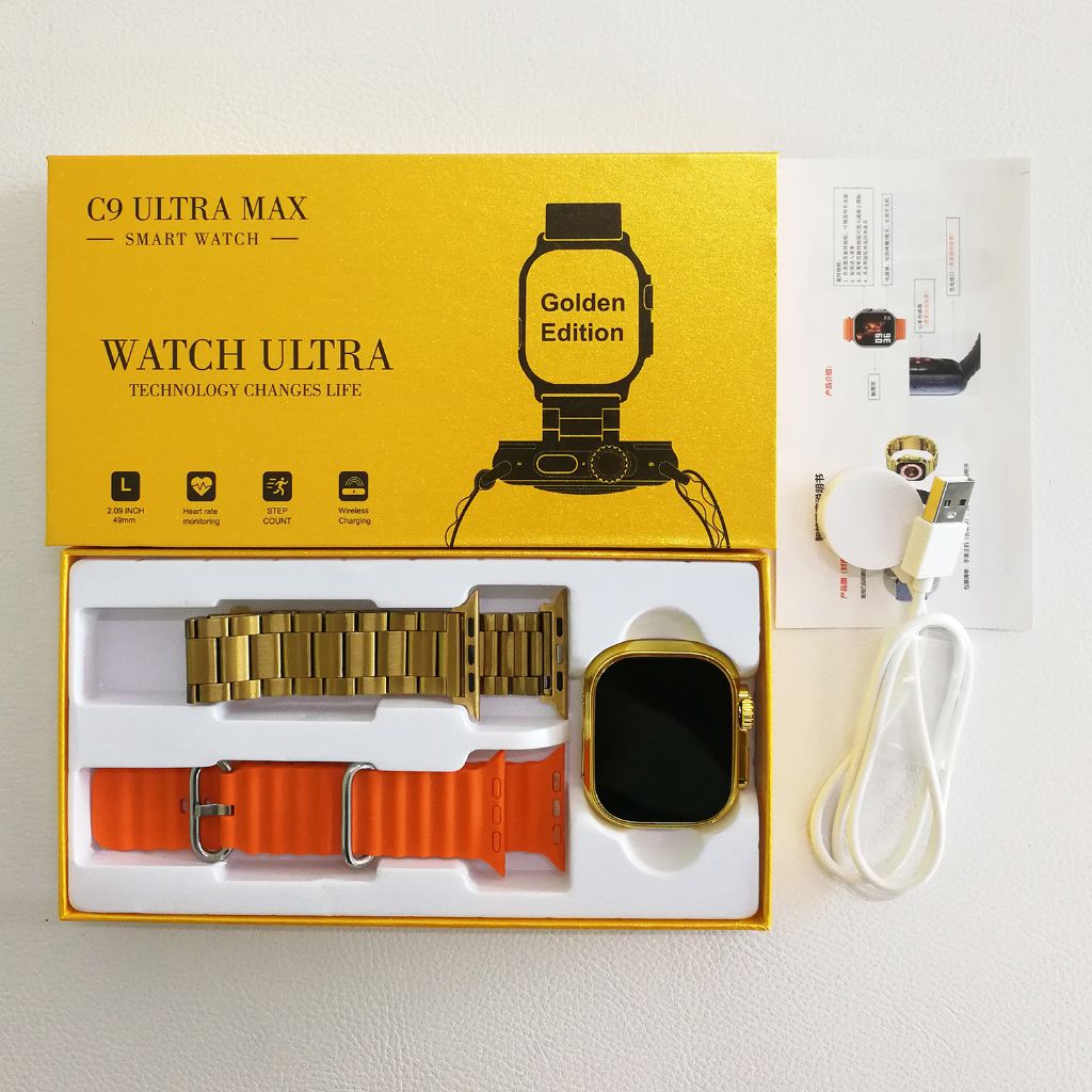 2.09'' C9 Ultra Max Gold Watch Smart Watch Men Women Smartwatch Sports Watch Bluetooth Call Men Women Sport Bk Series Hk9Pro/Hk8 Pro Max Fitness Heart Rate Monitoring Wrist Watch Men Smart Watch Woman