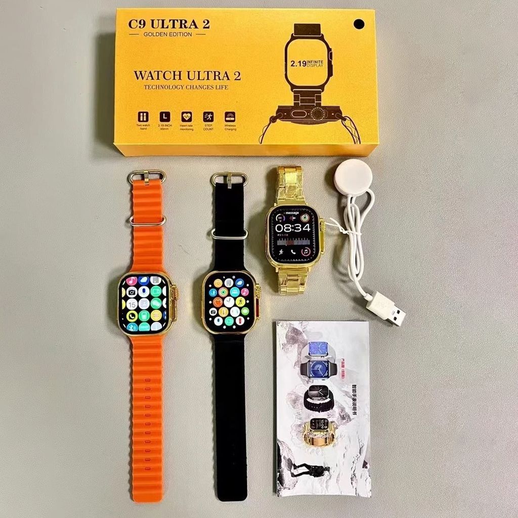 C9 Ultra 2 Gold Smart Watch NFC Wireless Bluetooth Call Series S9 IP67 Waterproof Sports Smartwatches Touch Control Finger sensor Stainless Steel Strap Men Women Gold Watch Couple Watch Wrist Wathes