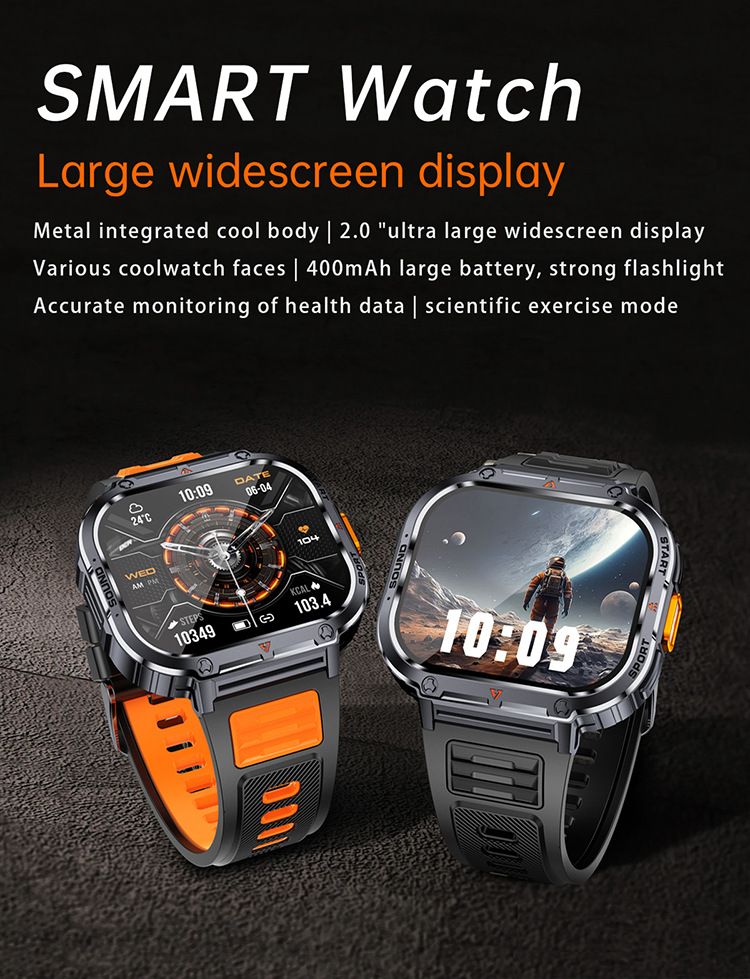 Men sport smart watch 2.0'' HD 400mAh long battery life Touch Control Bluetooth Smart watch Outdoor Waterproof Fitness Men Smartwatches With flashlight heart rate Monitor NX23 Smart watch For Men