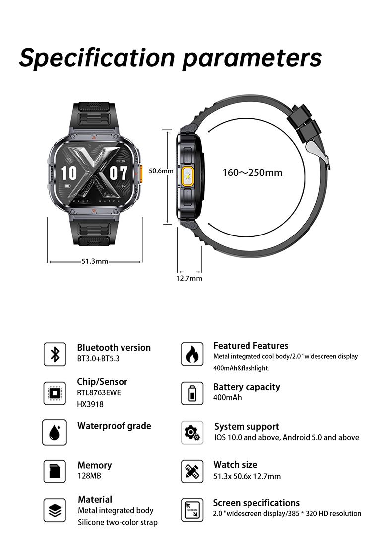 Men sport smart watch 2.0'' HD 400mAh long battery life Touch Control Bluetooth Smart watch Outdoor Waterproof Fitness Men Smartwatches With flashlight heart rate Monitor NX23 Smart watch For Men