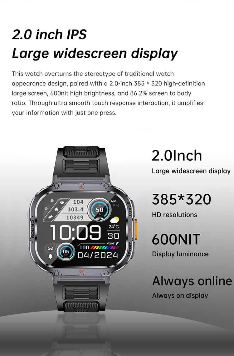 Men sport smart watch 2.0'' HD 400mAh long battery life Touch Control Bluetooth Smart watch Outdoor Waterproof Fitness Men Smartwatches With flashlight heart rate Monitor NX23 Smart watch For Men