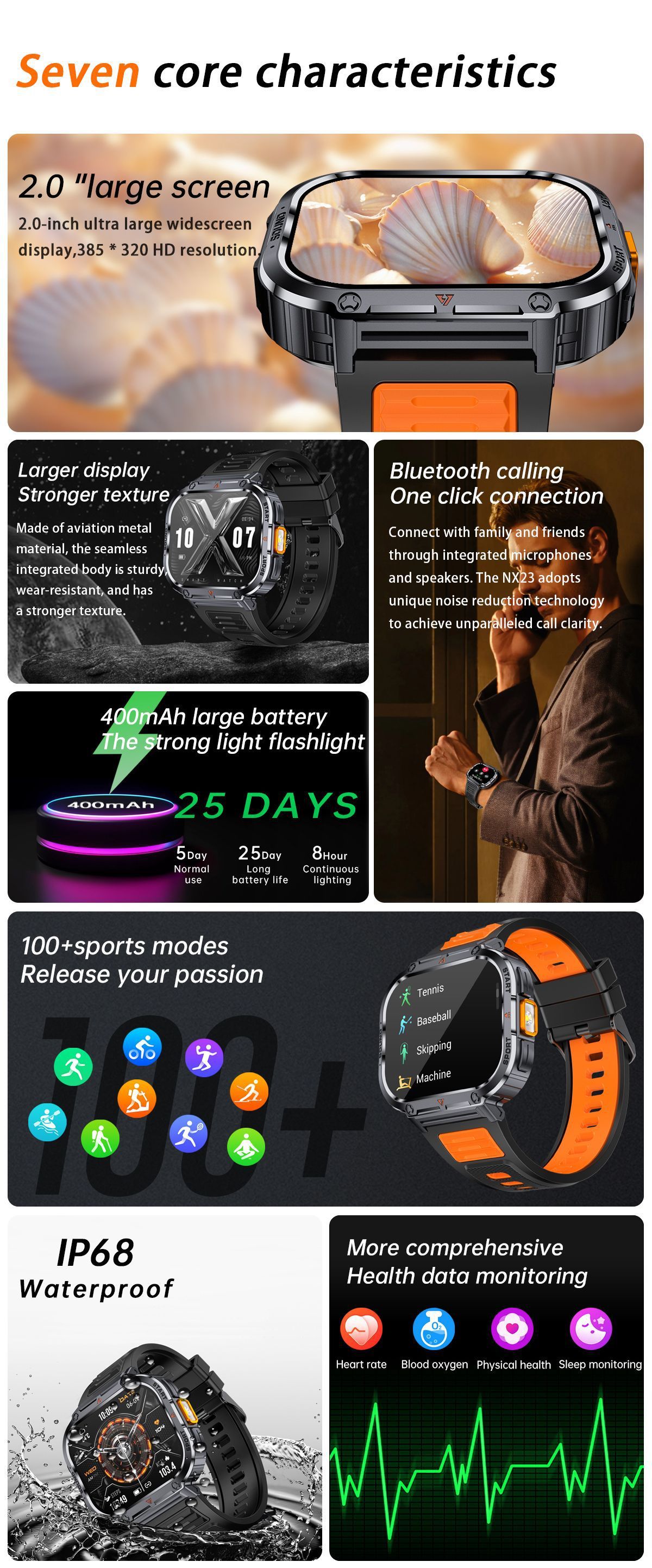 Men sport smart watch 2.0'' HD 400mAh long battery life Touch Control Bluetooth Smart watch Outdoor Waterproof Fitness Men Smartwatches With flashlight heart rate Monitor NX23 Smart watch For Men