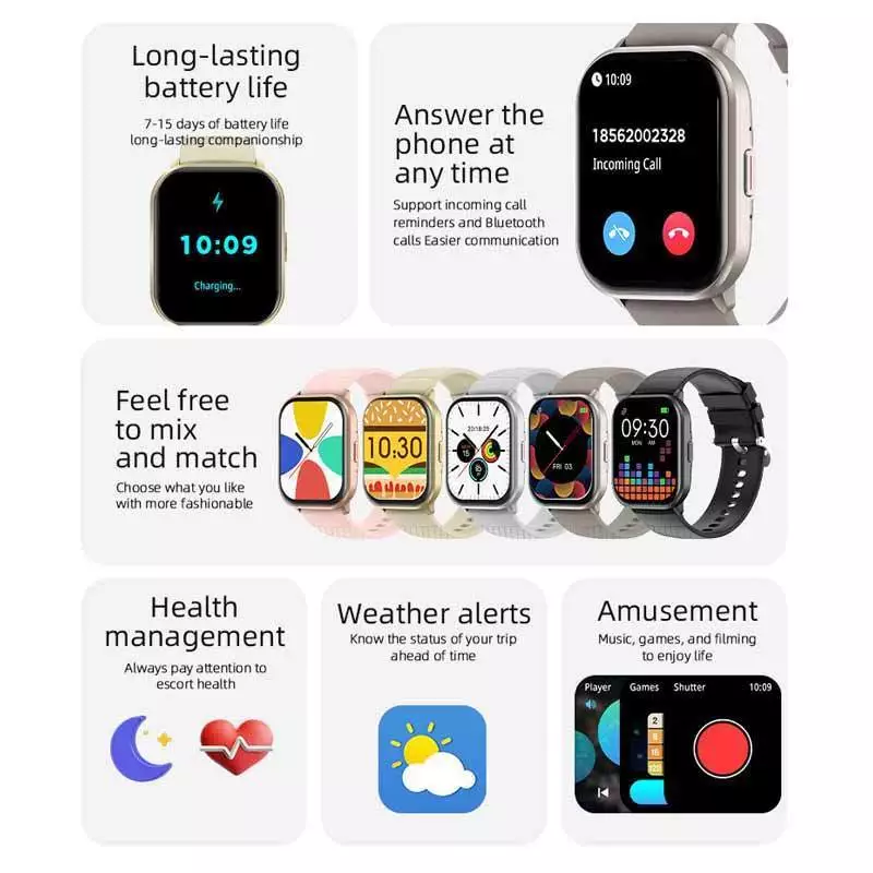 Smart Watch Bluetooth Call Message Reminder Health Monitoring Step calorie tracking Heart Rate Monitoring 2.01'' Full Screen Waterproof Smartwatch Couple Smart watch Men Smartwatch Women Smartwatch