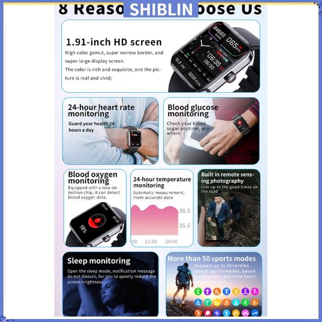 Smartwatches Men smart watch Steel Band Blood Glucose Sugar Oxygen Pressure Sports Watch Woman Smartwatch 1.91'' Screen Body Temperature Monitor Smart watch for woman couple watches for IOS Android