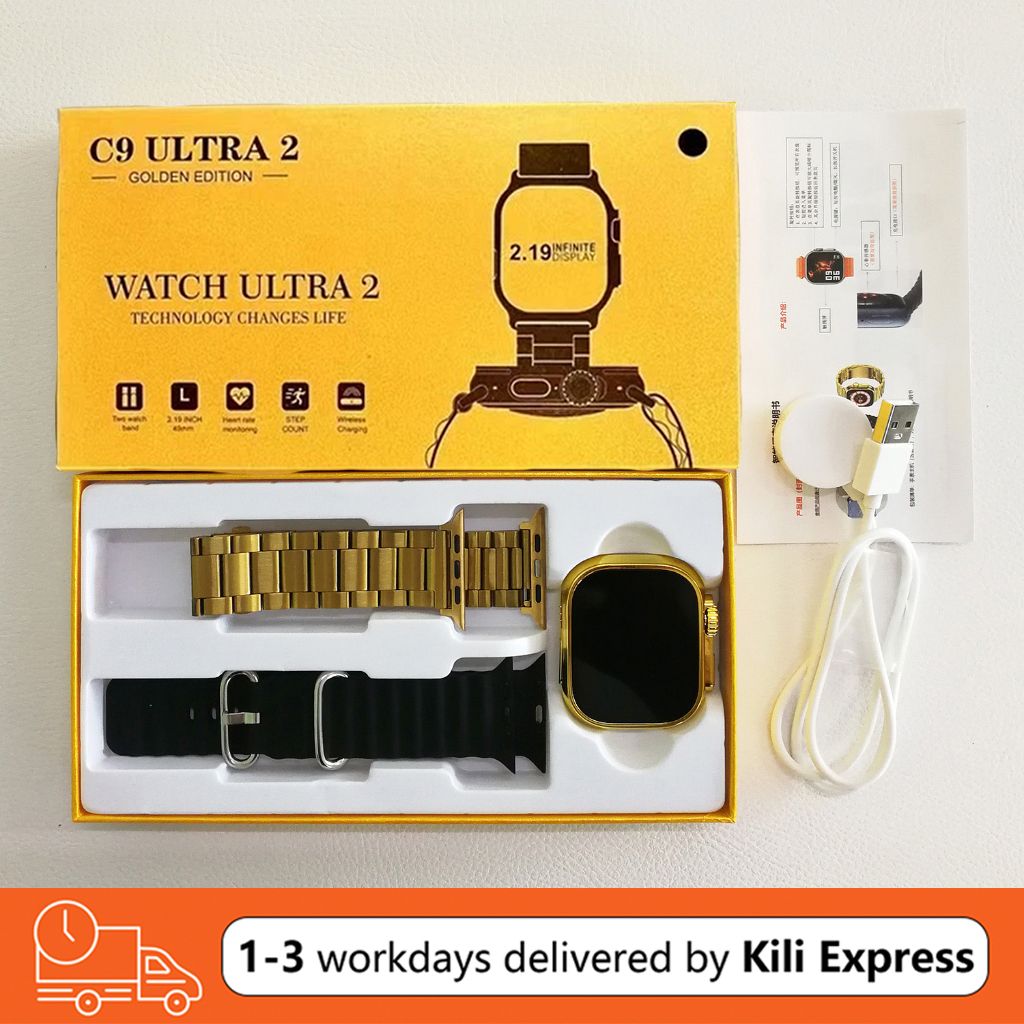 Bluetooth Smartwatch with 2pcs Straps Fitness Sports Smart Watch Waterproof IP67 Gold Watch Stainless Steel Strap Real Screw Buckle Metal Business Luxury Wrist Watch Women Men Smart Watch C9 Ultra Max