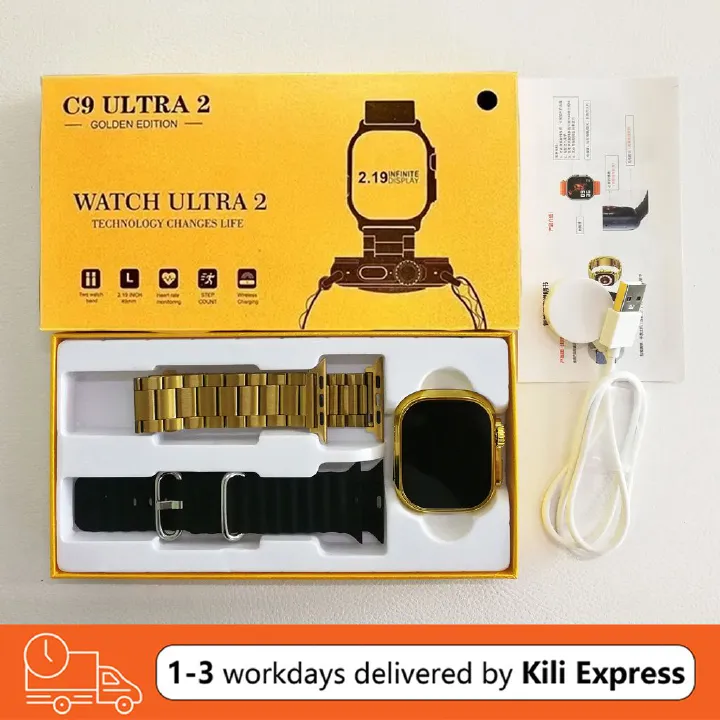 Bluetooth Smartwatch with 2pcs Straps Fitness Sports Smart Watch Waterproof IP67 Gold Watch Stainless Steel Strap Real Screw Buckle Metal Business Luxury Wrist Watch Women Men Smart Watch C9 Ultra Max